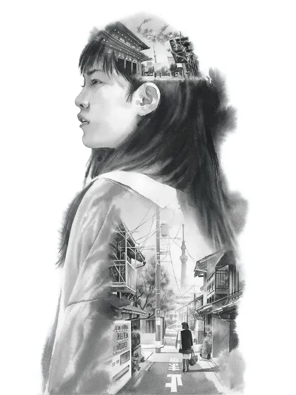 Peinture portrait de femme et de la ville de Tokyo au Japon. Quartier de Asakusa et Tokyo Skytree.