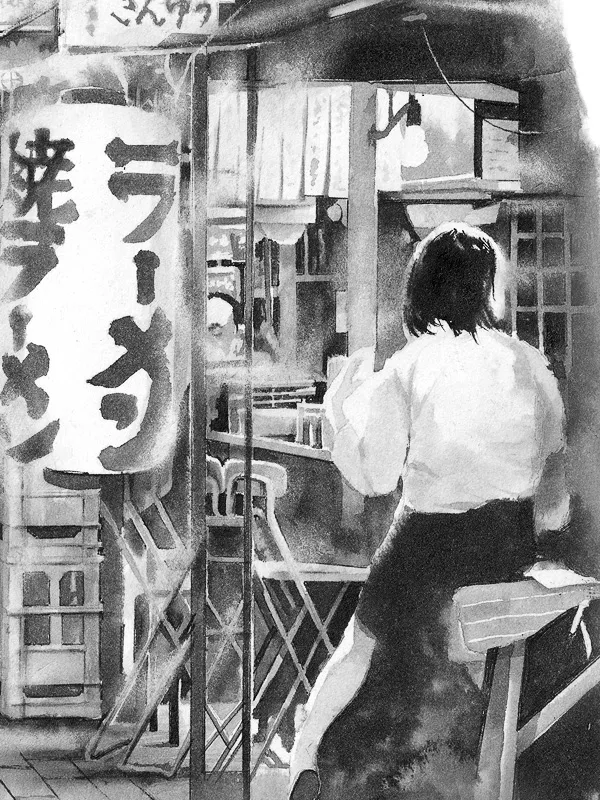 Peinture, femme qui mange dans un restaurant de street-food Yatai à Fukuoka au Japon.